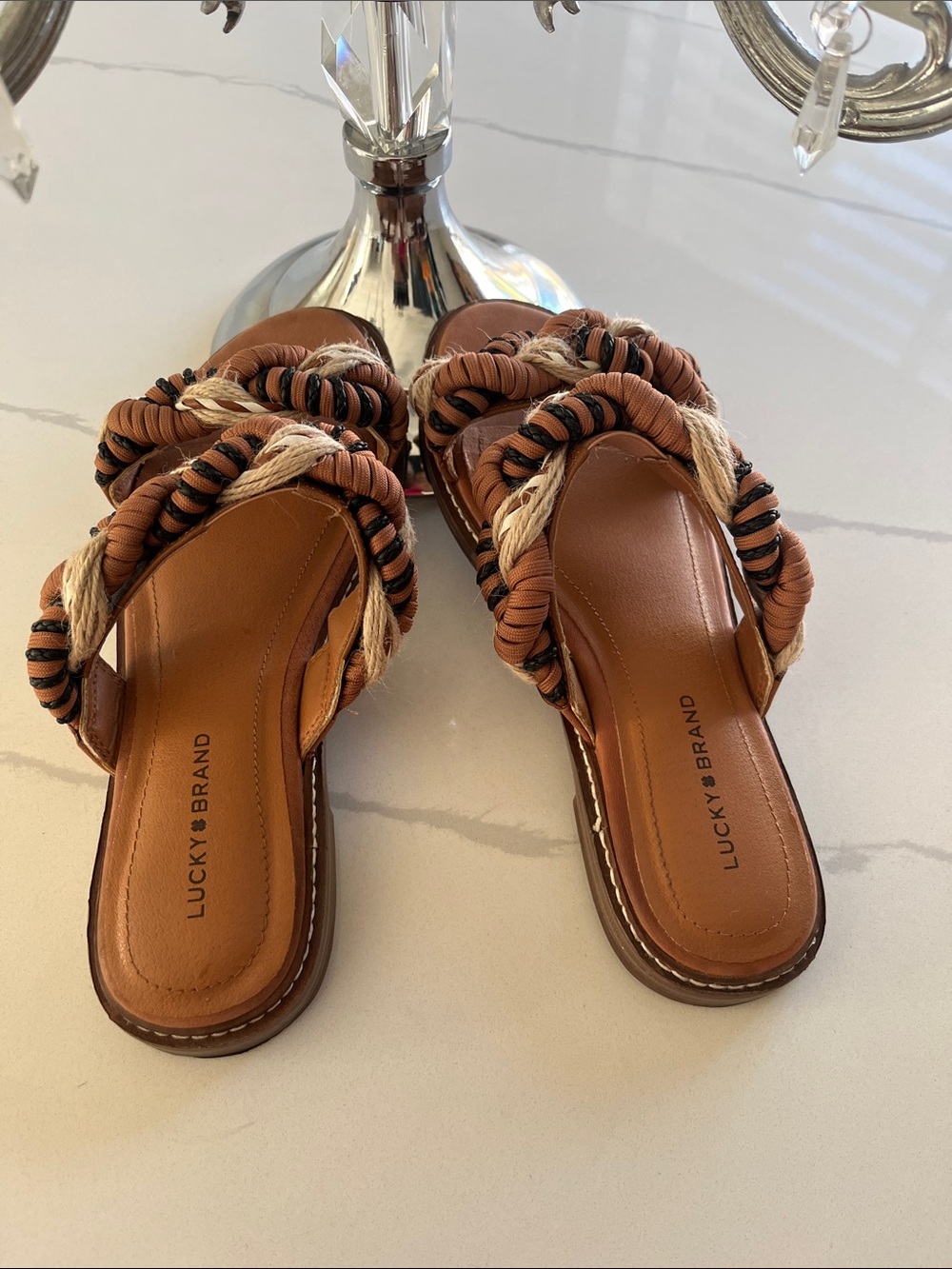 Lucky Brand Tan and Black Braided Rope Slide Sandals